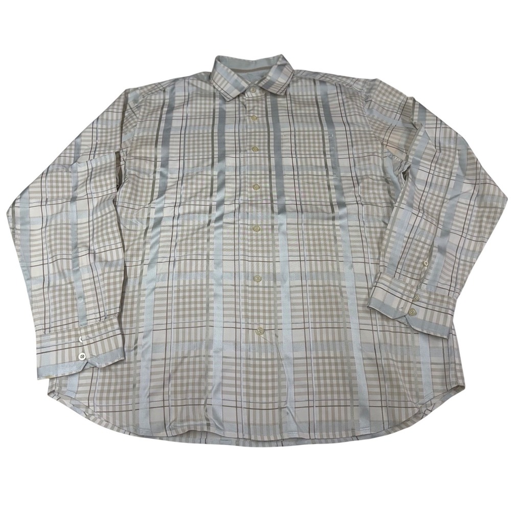 Tommy Bahama Button Up Shirt Beige Plaid Silk Long Sleeve Casual Men XL